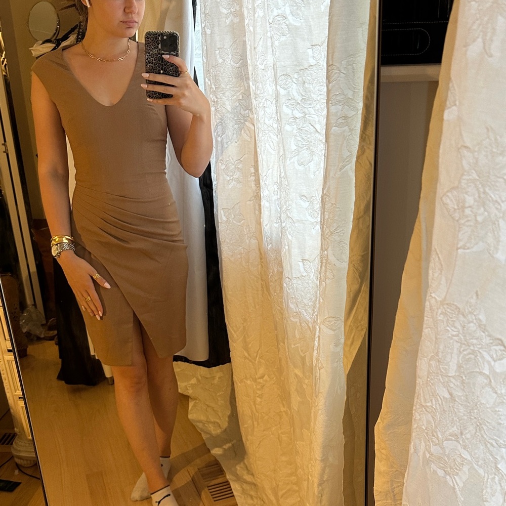 L'AGENCE Tan Asymmetrical V-Neck Dress